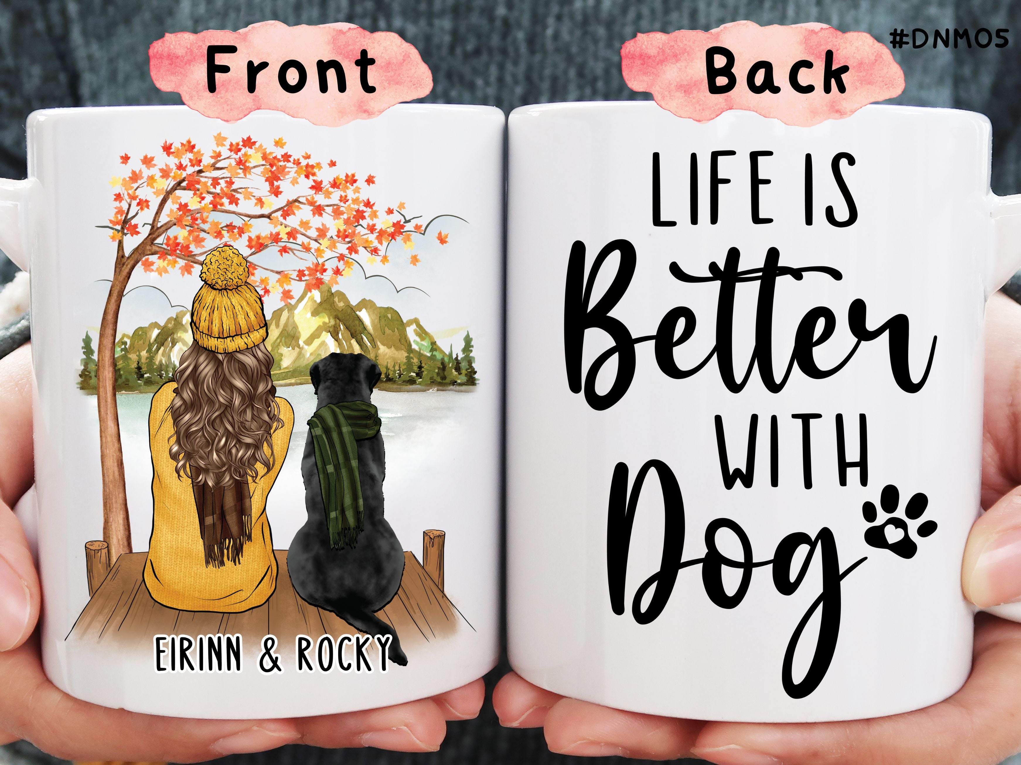 Life Is Better With Dogs, Girl With Dogs Personalized Mug Gift, Fall Season Autumn Tree Vibes Mug, Tumbler Gift, Gift For Dog Lovers (#DNM05)