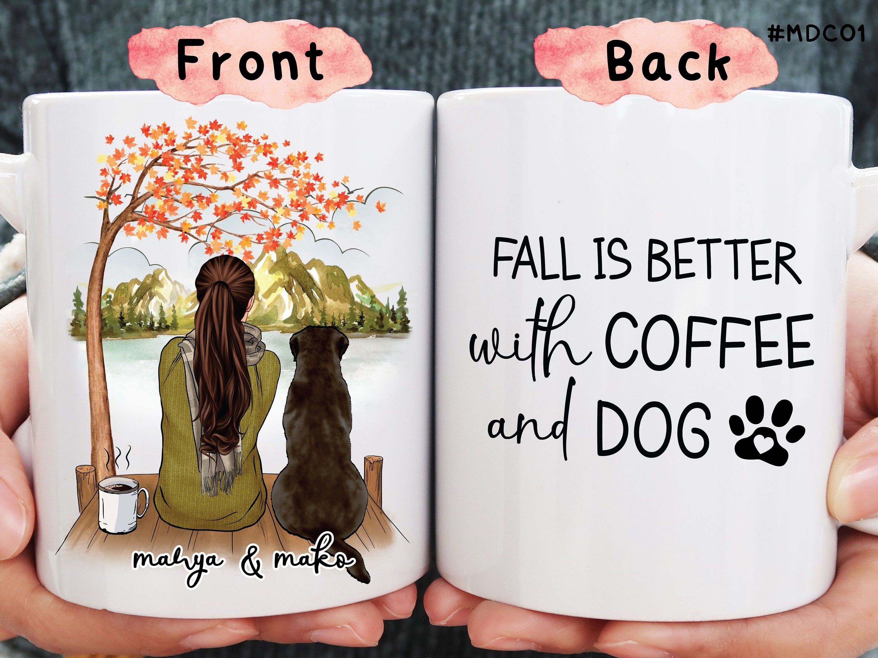 Fall is Better with Coffee and Dog,Girl With Dogs Personalized Mug Gift,Fall Season Autumn Tree Vibes Mug, Tumbler Gift, Gift For Dog Lovers