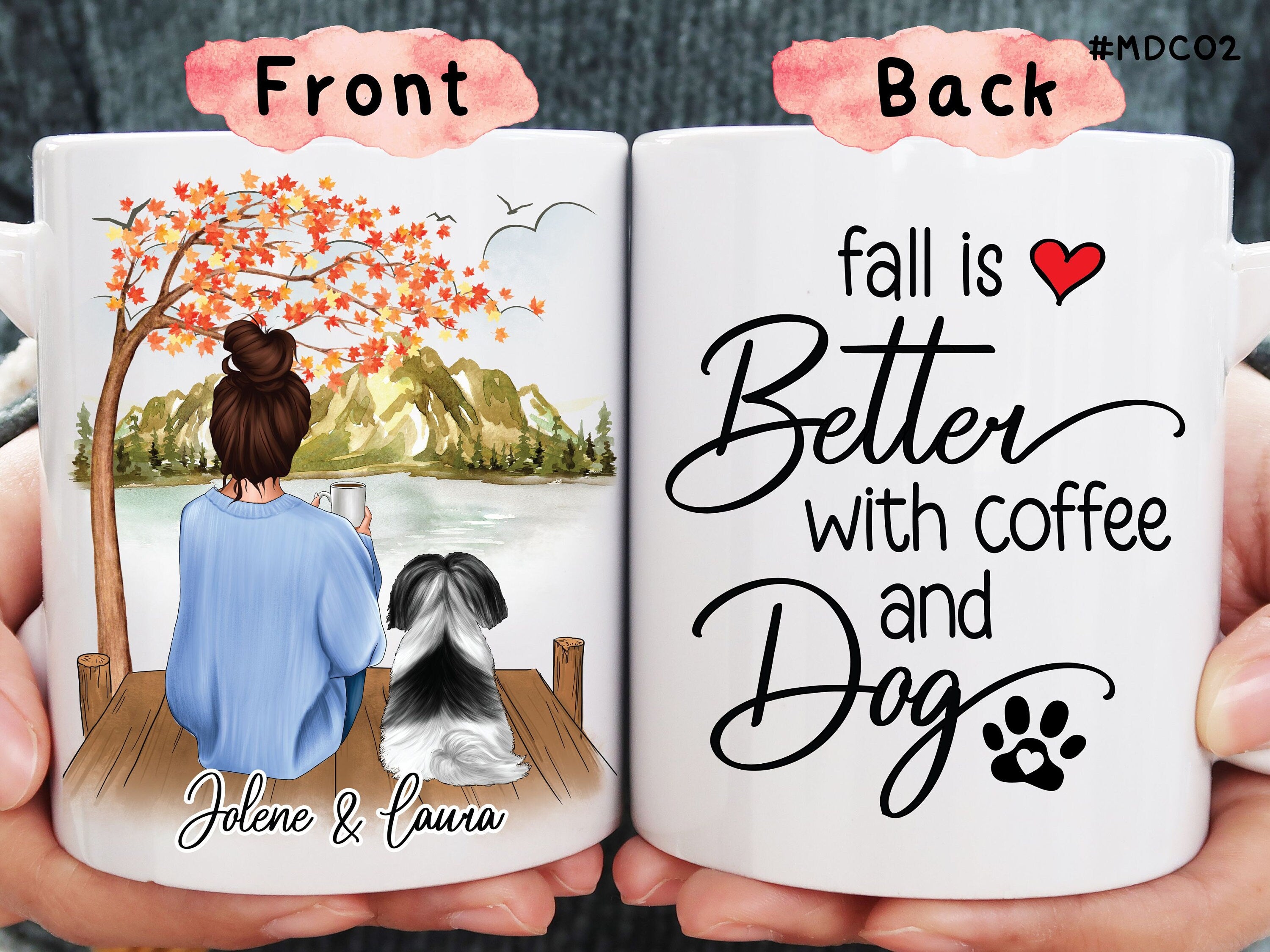 Fall is Better with Coffee and Dog,Girl With Dogs Personalized Mug Gift,Fall Season Autumn Tree Vibes Mug, Tumbler Gift, Gift For Dog Lovers