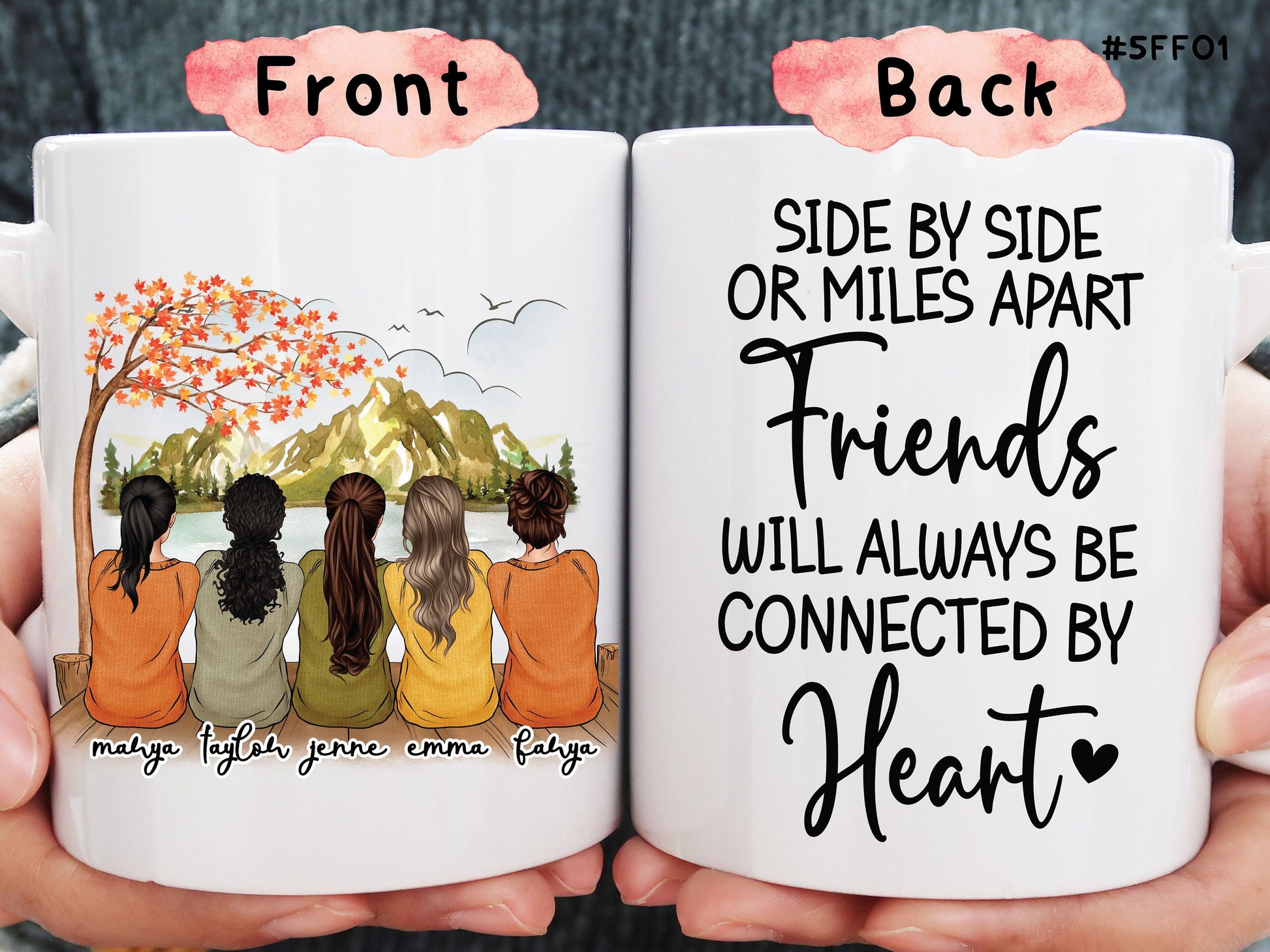 5 Friends - Side By Side Or Miles Apart Coffee Mug, Custom Best Friend Gifts, Autumn Mug, Pumpkin Spice Mug, Halloween Mug, Bestie Fall Mug